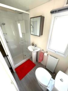 a bathroom with a toilet and a shower and a sink at The Rannoch Len 1 in Forfar