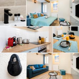 een collage van foto's van een hotelkamer bij La Perle de Laigneville - Proche Parc Astérix & Chantilly, parking public gratuit, Wifi & Netflix 