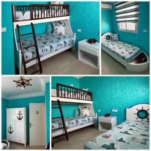trois photos différentes d'une chambre avec deux lits superposés dans l'établissement Villa Zembretta, à El Haouaria
