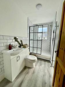 a white bathroom with a toilet and a sink at Brewery Loft in Newport