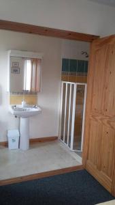 a bathroom with a sink and a mirror and a shower at Three Sisters Holiday Home - 7km to Dingle in Ballyferriter