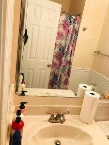 ein Badezimmer mit einem Waschbecken, einem Spiegel und einem Waschbecken in der Unterkunft Room in House - Executive Private Room in Alexandria
