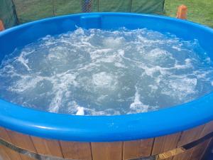 a large blue bucket of water in a yard at Casuta de sub stanca Apuseni,hot tub inclus in Bîrdeşti
