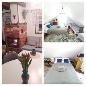 two pictures of a room with two beds and a fireplace at Biały Domek koło Żywca in Pewel Wielka