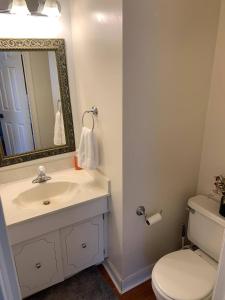 a bathroom with a sink and a toilet and a mirror at Room in House - Majestic Private Room in Alexandria