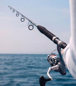 a person is holding a fishing rod in the ocean at Dakhla Boarding Hotel & Restaurant in Dakhla