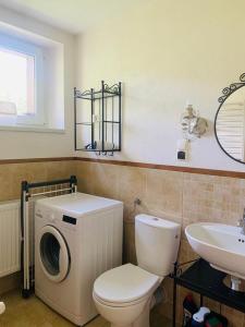 a bathroom with a washing machine and a sink at Tutaj Sielankowo in Ustroń