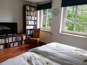 um quarto com uma cama e uma prateleira cheia de livros em Ferienwohnung im Friesenhaus em Risum-Lindholm