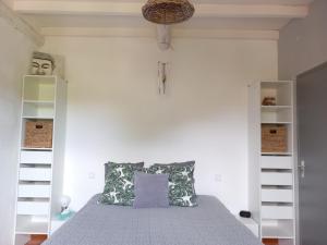a bedroom with a bed with white shelves at Dacamaloya in Volx