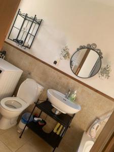 a bathroom with a toilet and a sink and a mirror at Tutaj Sielankowo in Ustroń