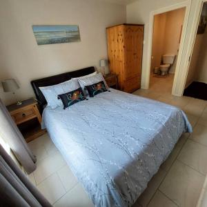 卡色洛克的住宿－Sandy Feet Retreat - Castlerock，一间卧室配有一张带枕头的大蓝色床。