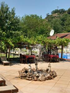 a fountain in the middle of a patio with trees at Парк - Хотел Макензен in Melnik