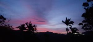 a sunset with palm trees in front of a mountain at White Arcadia cottage in Ella