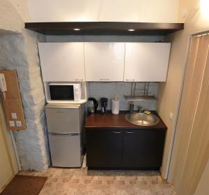a small kitchen with a sink and a microwave at Quiet Kadriorg Street in Tallinn