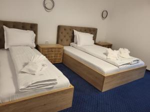 two beds sitting next to each other in a room at Pensiunea Lara in Râşnov