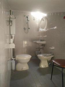 bagno con servizi igienici e lavandino con specchio di Hotel Peonia a Rimini