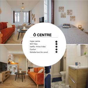 a collage of photos of a bedroom and a living room at Ô Centre- Chaleureux - Fibre - Netflix in Montargis