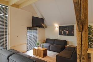 a living room with a couch and a tv at De Toffe Peer Recreatie in Ruinerwold