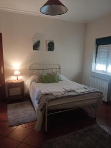 a bedroom with a bed and a lamp on a table at Casas da Estrela in Gouveia