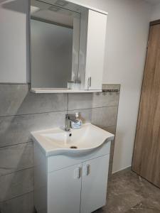 bagno con lavandino bianco e specchio di Apartman 2 RIBIČ a Ogulin