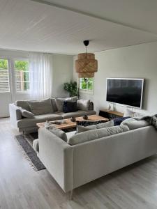 Fjällbacka Villa في فيالباكا: غرفة معيشة مع كنبتين وتلفزيون بشاشة مسطحة