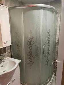 a shower with a glass door next to a sink at BMB GROUP ÇINARCIK HOME 3 in Çınarcık