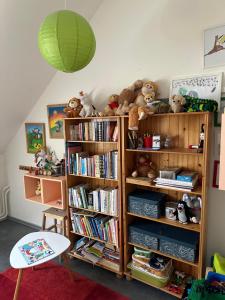 a book shelf filled with lots of stuffed animals at Degustarium Bavory in Bavory