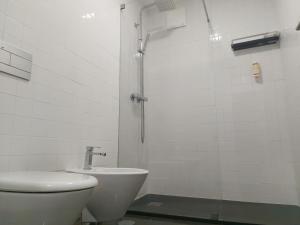 a bathroom with a shower and a toilet and a sink at Enjoy Viseu in Viseu