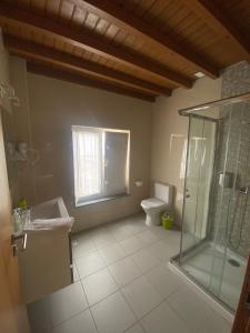 a bathroom with a glass shower and a toilet at Casa Berlengas a Vista in Peniche