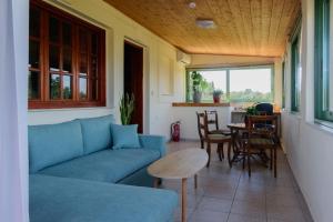 a living room with a blue couch and a table at Eleni's House in Asopós