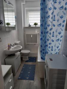 y baño con lavabo, aseo y cortina de ducha. en FeWo s Runde Wiese WR, en Greifswald