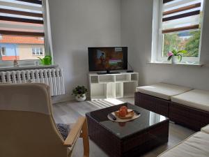 sala de estar con sofá y TV en FeWo s Runde Wiese WR, en Greifswald