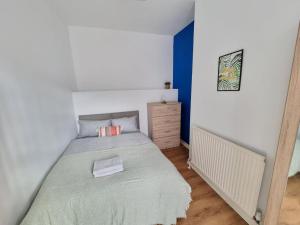 a bedroom with a large bed and a blue wall at Stylish Retreat In Liverpool's Heart in Liverpool