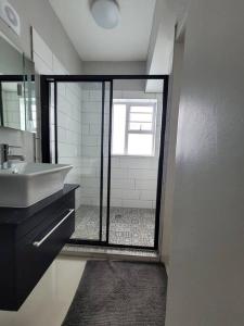a bathroom with a sink and a shower with a window at Downstairs @38 in Port Elizabeth +6 photos