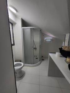 een badkamer met een glazen douche en een toilet bij Vila Marija in Ribarska Banja