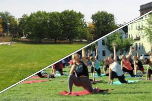 - un groupe de personnes faisant du yoga dans un parc dans l'établissement Great Parkside Microapartment Location AND Price, à Cincinnati