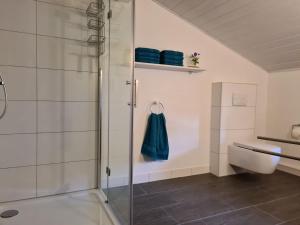 a bathroom with a shower with a glass door at Ferienwohnung Obermeier | Chiemgau Karte in Grassau