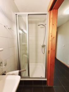 a bathroom with a shower with a glass door at Alpine Retreat Val D'Illiez in Val-d'Illiez