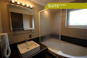 a bathroom with a sink and a mirror at Hotel Ludmila in Mělník