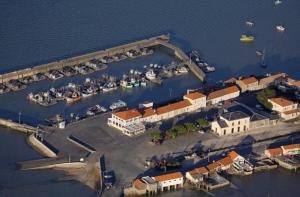 an aerial view of a marina with boats in the water at Logis hôtel Le Terminus in Bourcefranc