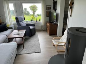 ein Wohnzimmer mit einem Sofa und einem TV in der Unterkunft Sjarmerende gårdsbruk omgitt av vakker natur in Molde