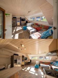 due immagini di un soggiorno e di una cucina in una casa di Apartment Pirnat a Bohinj