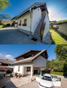 two pictures of a house with a car parked outside at Apartment Pirnat in Bohinj