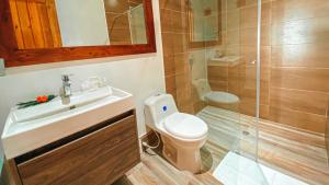 uma casa de banho com um WC, um lavatório e um chuveiro em In Di House of Reggae Boutique em San Andrés