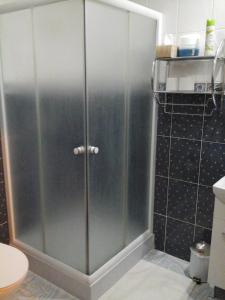 un bagno con box doccia e porta a vetri. di Penzion Adam - Makov a Makov