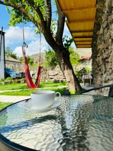 a cup of coffee on a glass table with a swing at Tsotne's kingdom in Vardzia