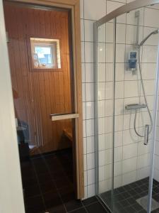 y baño con ducha y puerta de cristal. en Joängets Fjällgård 18a, en Sälen