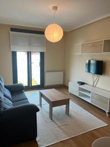 a living room with a couch and a table and a tv at El Ñeru'l Cantu in Villaviciosa