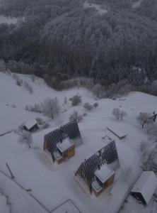 an aerial view of a snow covered yard with buildings at Amont Chalet in Peştera
