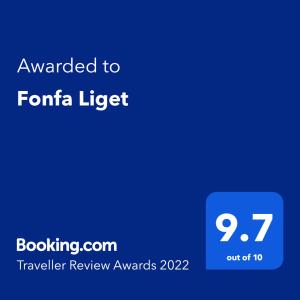 Certifikát, ocenenie alebo iný dokument vystavený v ubytovaní Fonfa Liget